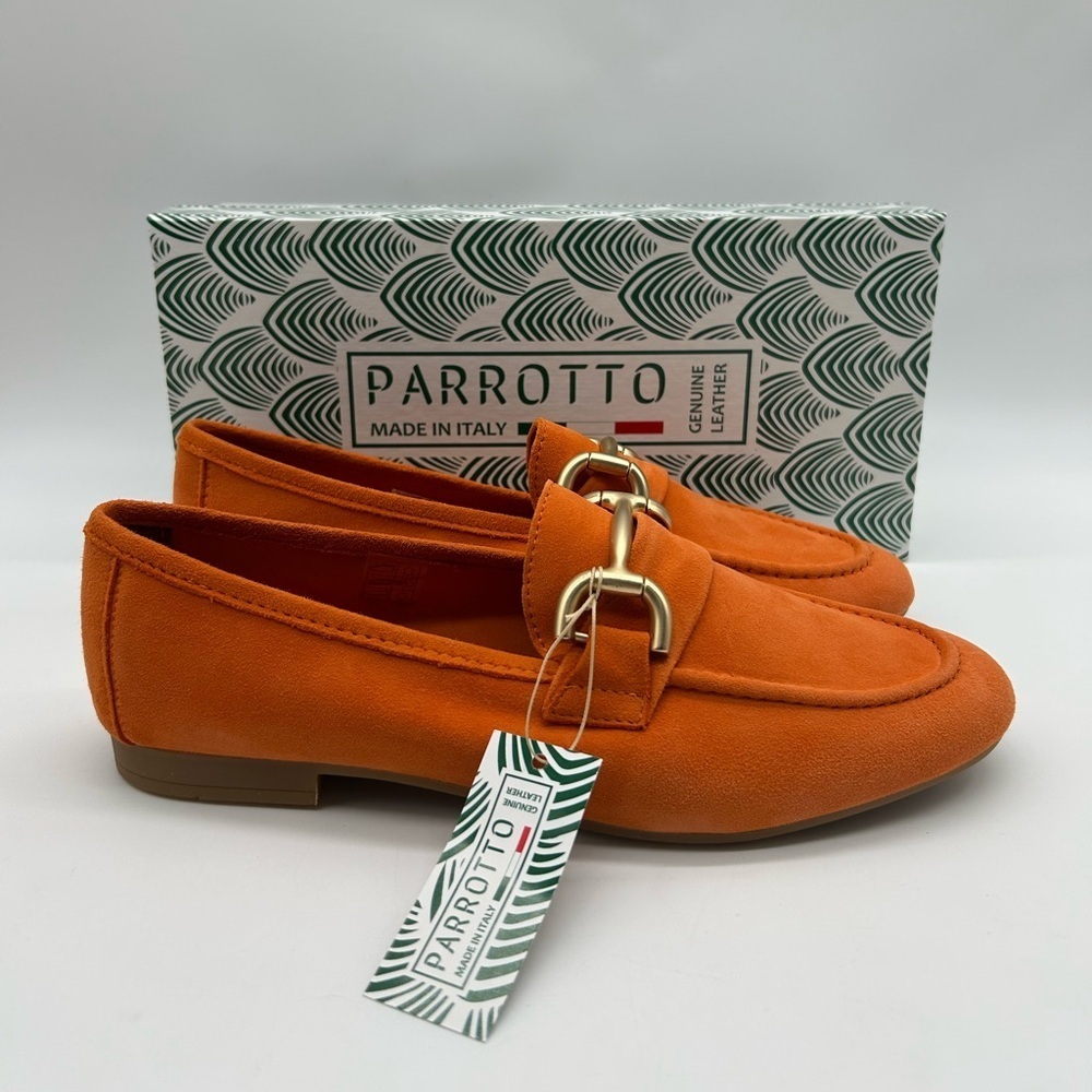 Parrotto Italian Women’s Suede Loafers Orange Gold Horsebit EU 39 NWB - Picture 13 of 13
